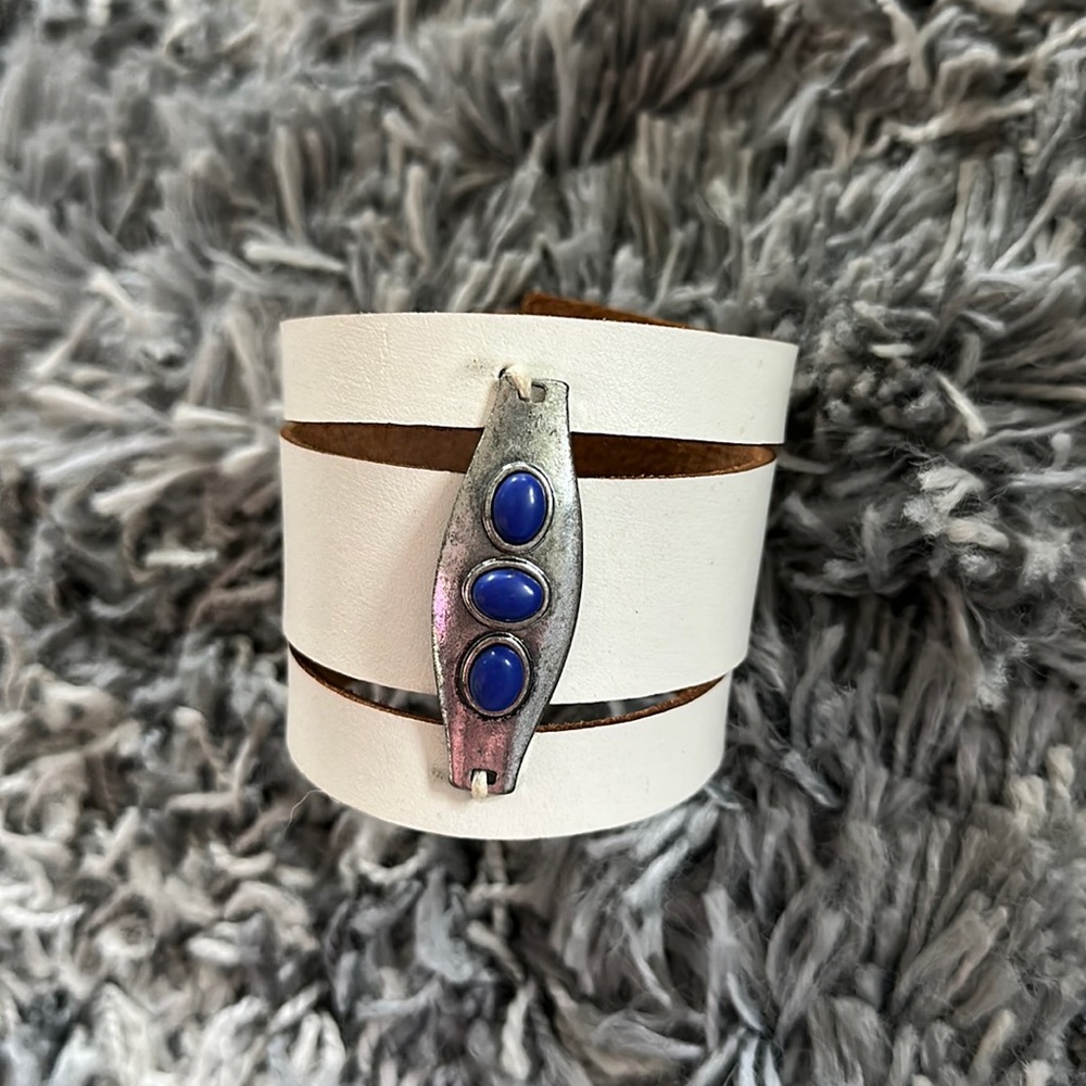 Free People White & Blue Jewel Bracelet Cuff -Double Snap Adjustable Closure